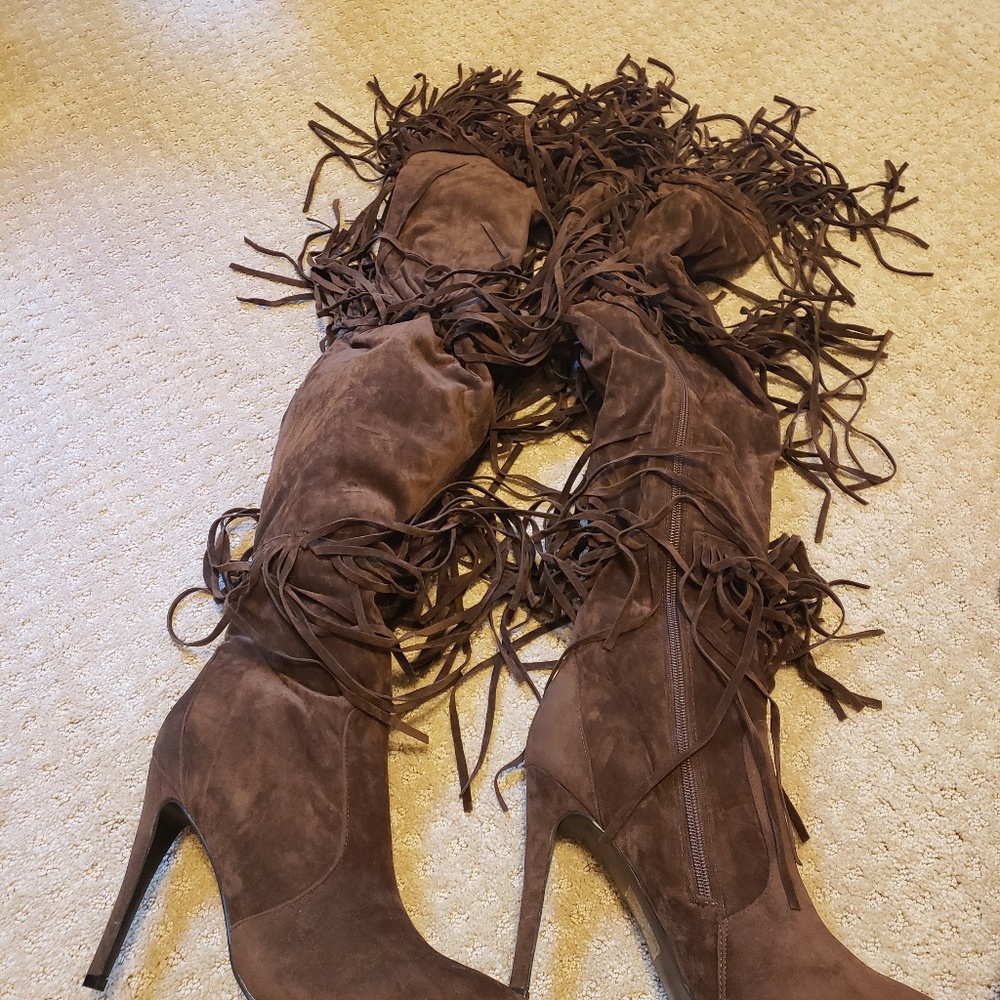 Brown thigh high fringe boots